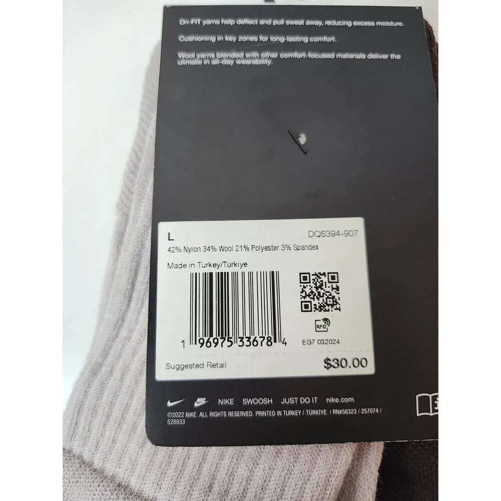 Nike Everyday Plus Dri-Fit Cushioned Crew Socks Size 8-12 2 pack